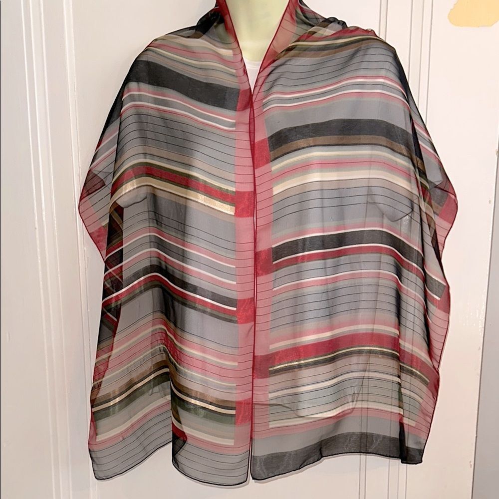 Vintage Red, Black,‎ Green, Tan & Cream Semi Sheer Striped Polyester Scarf